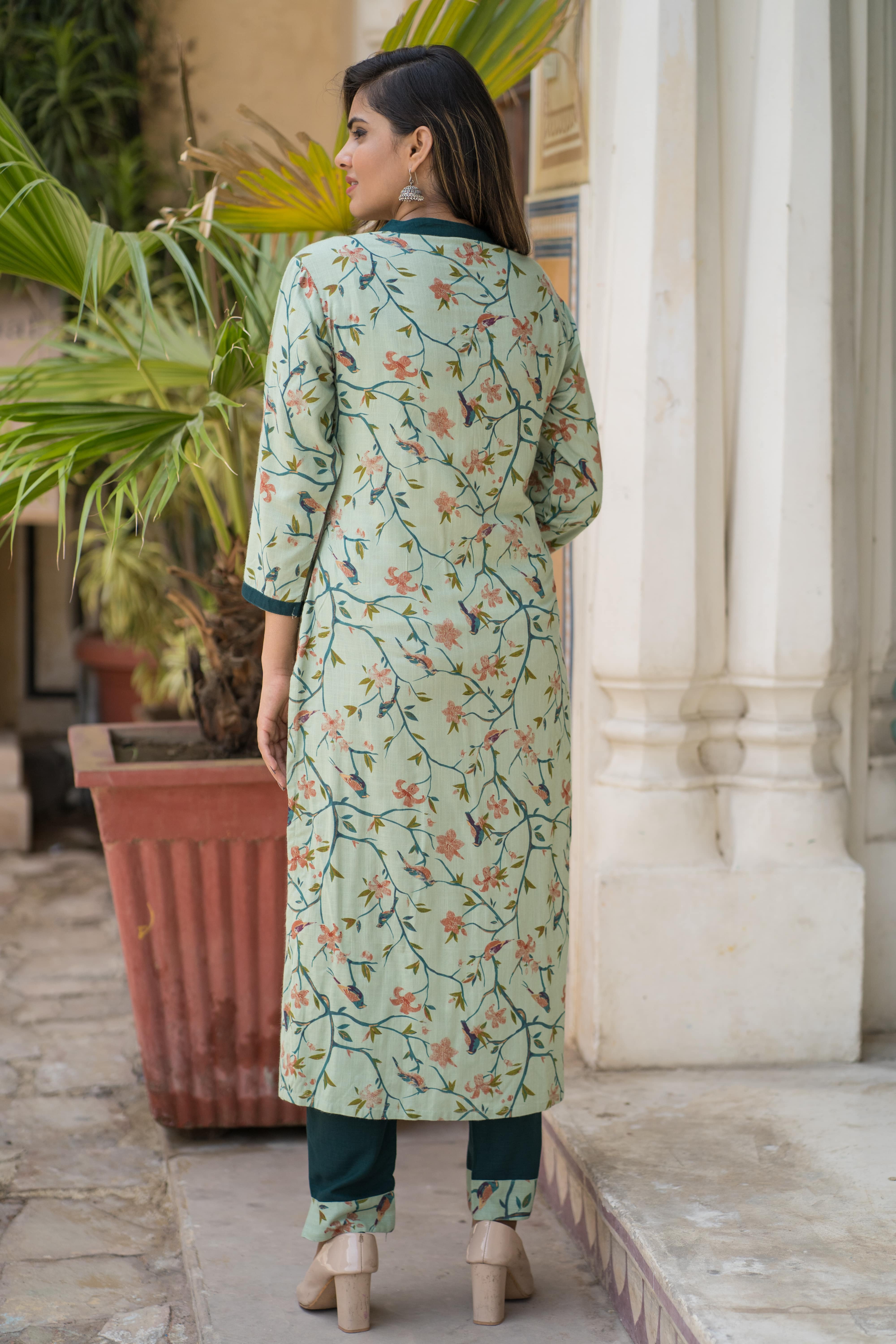 Mint Green Floral Printed Kurti & Pant Set