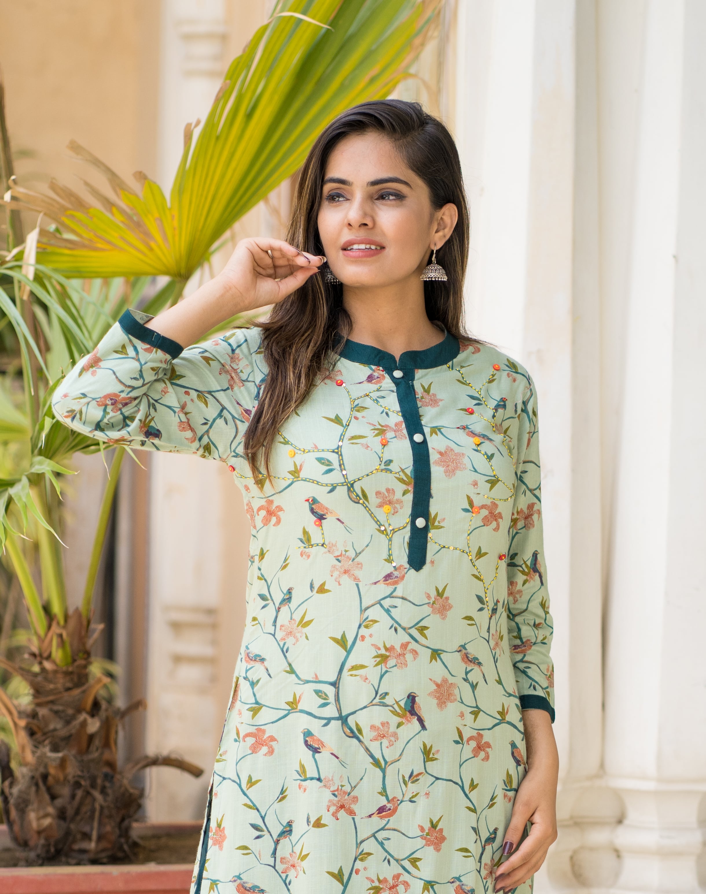 Mint Green Floral Printed Kurti & Pant Set