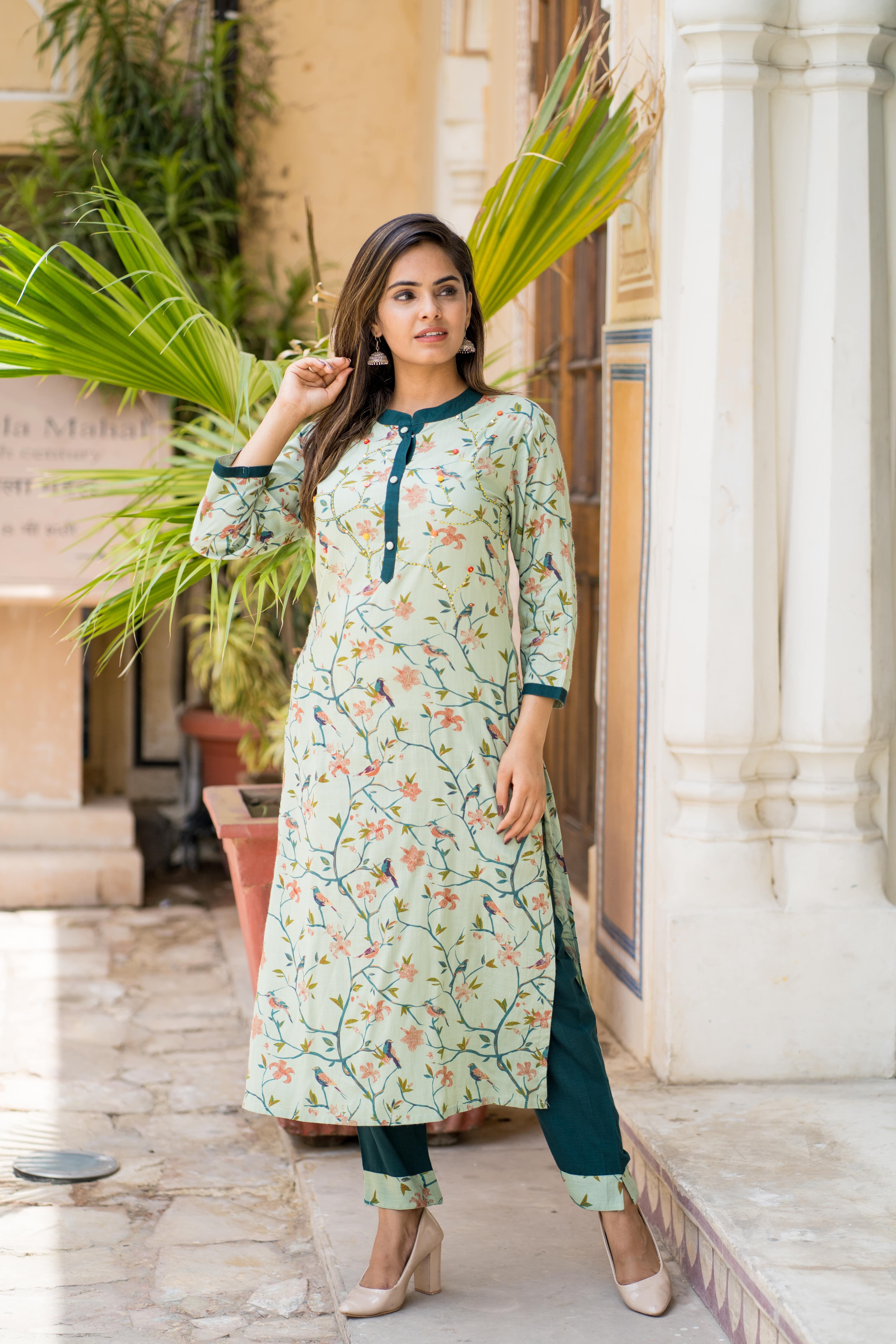 Mint Green Floral Printed Kurti & Pant Set