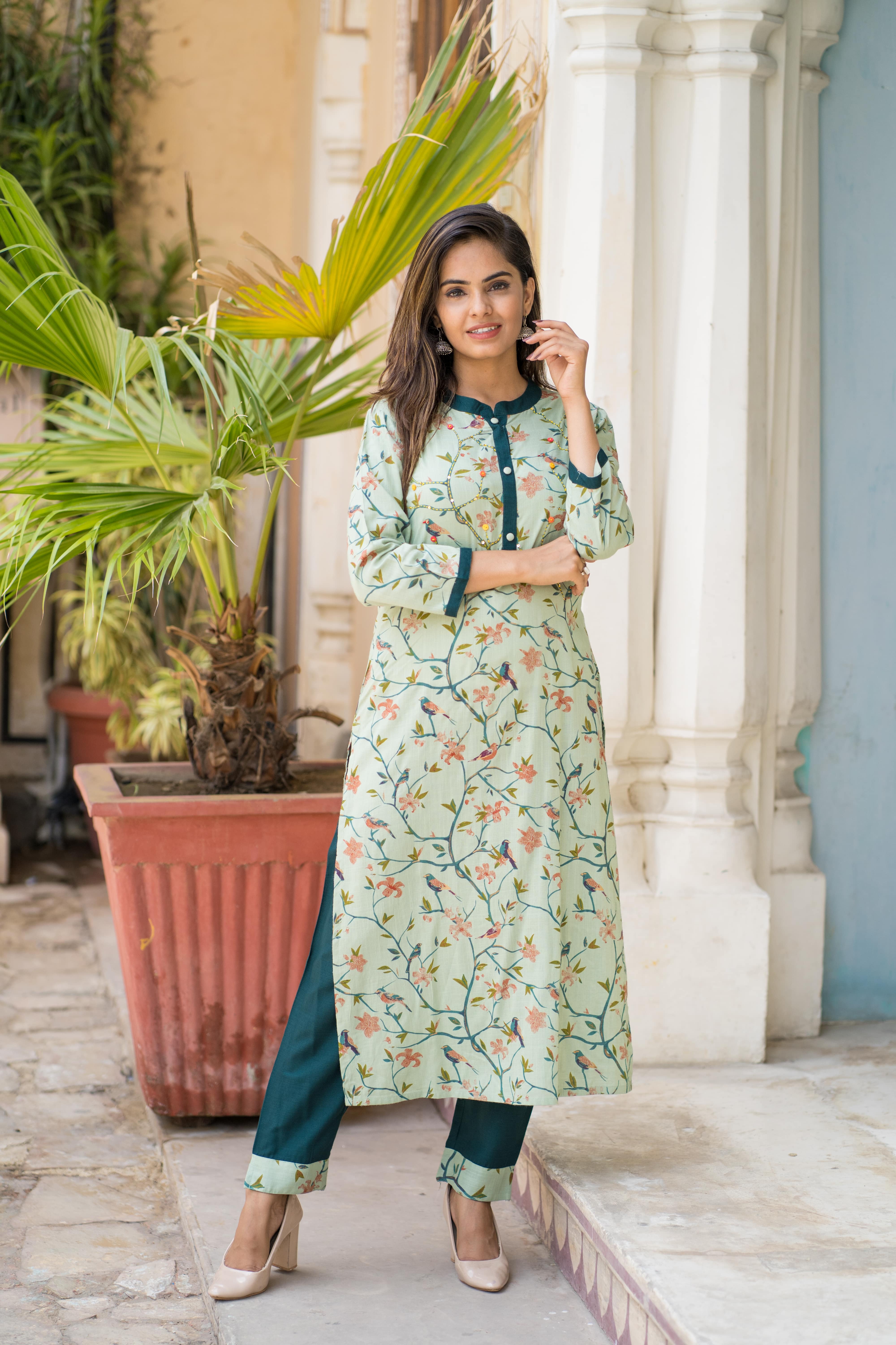 Mint Green Floral Printed Kurti & Pant Set