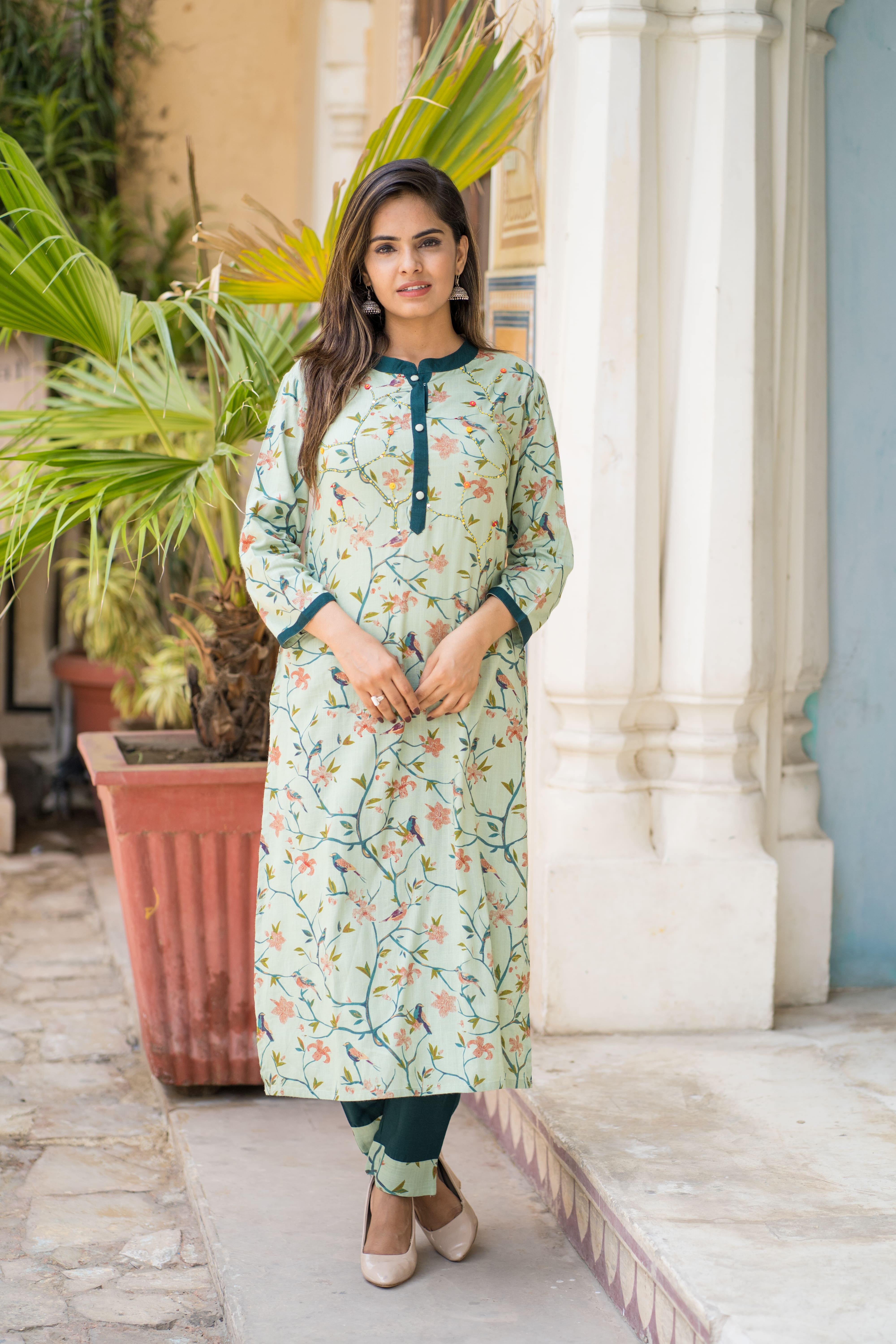 Mint Green Floral Printed Kurti & Pant Set