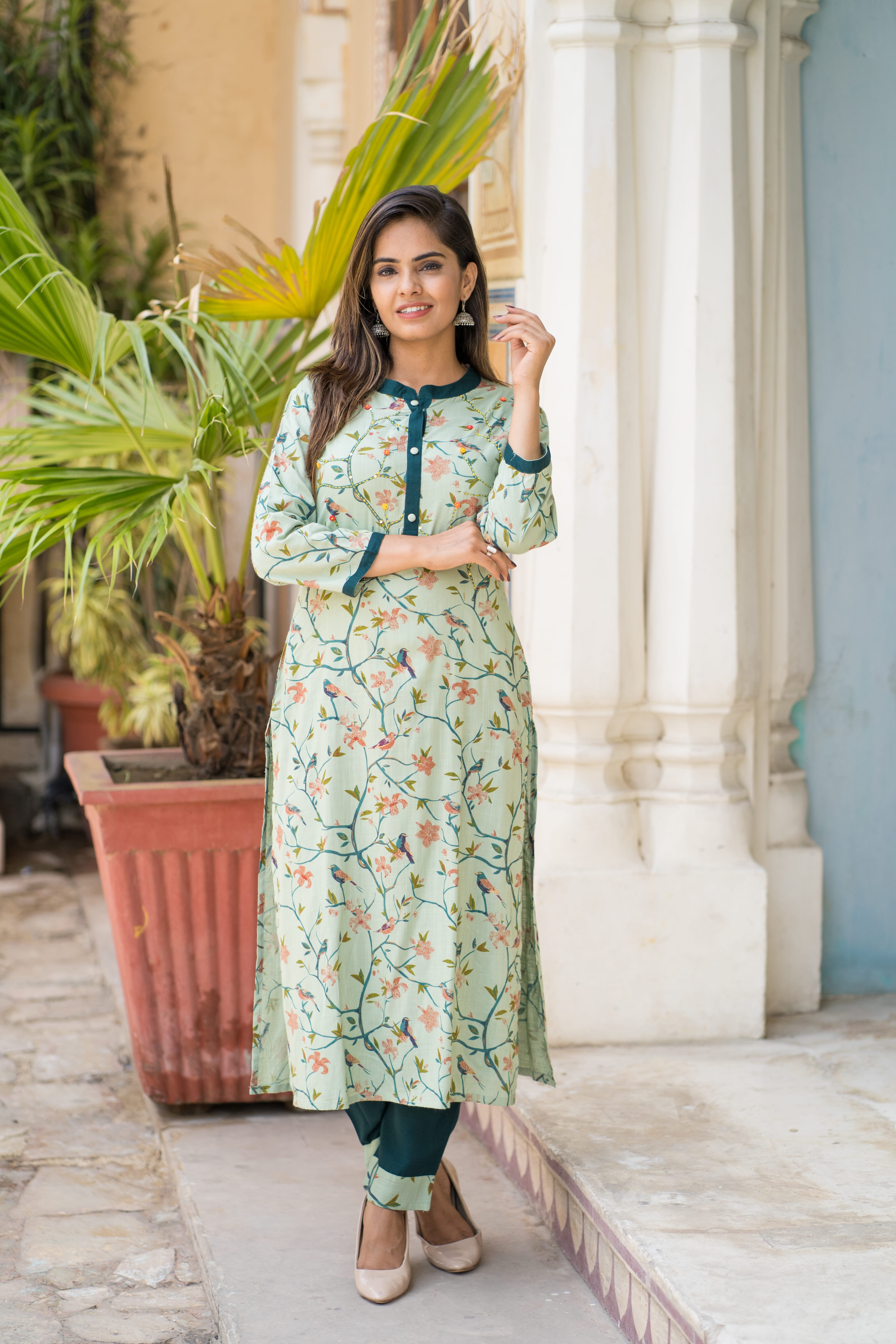 Mint Green Floral Printed Kurti & Pant Set