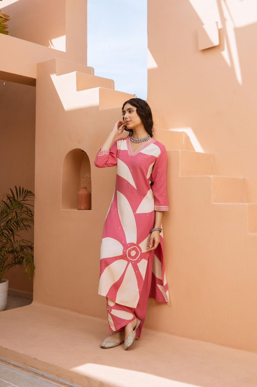 Stunning Pink and White Floral Printed Plazo Set