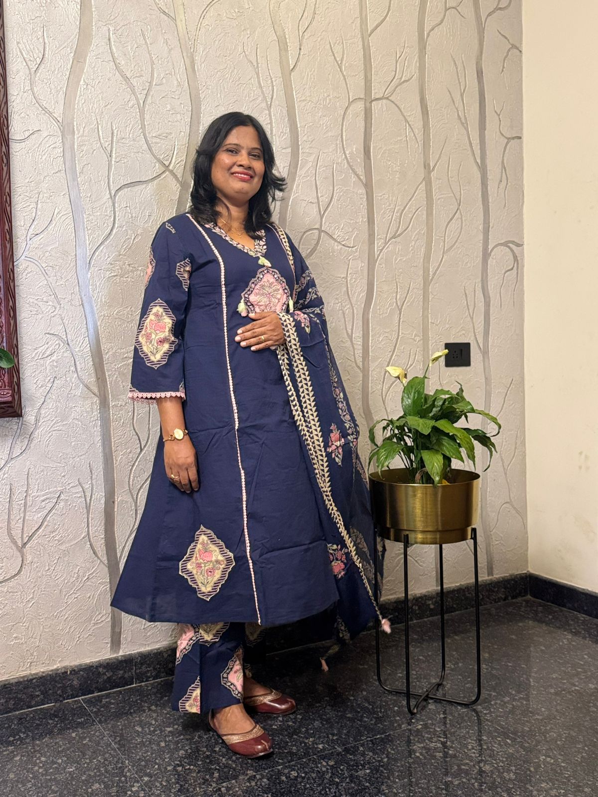 Elegant Blue Floral Printed Cotton Kurta Set with Dupatta