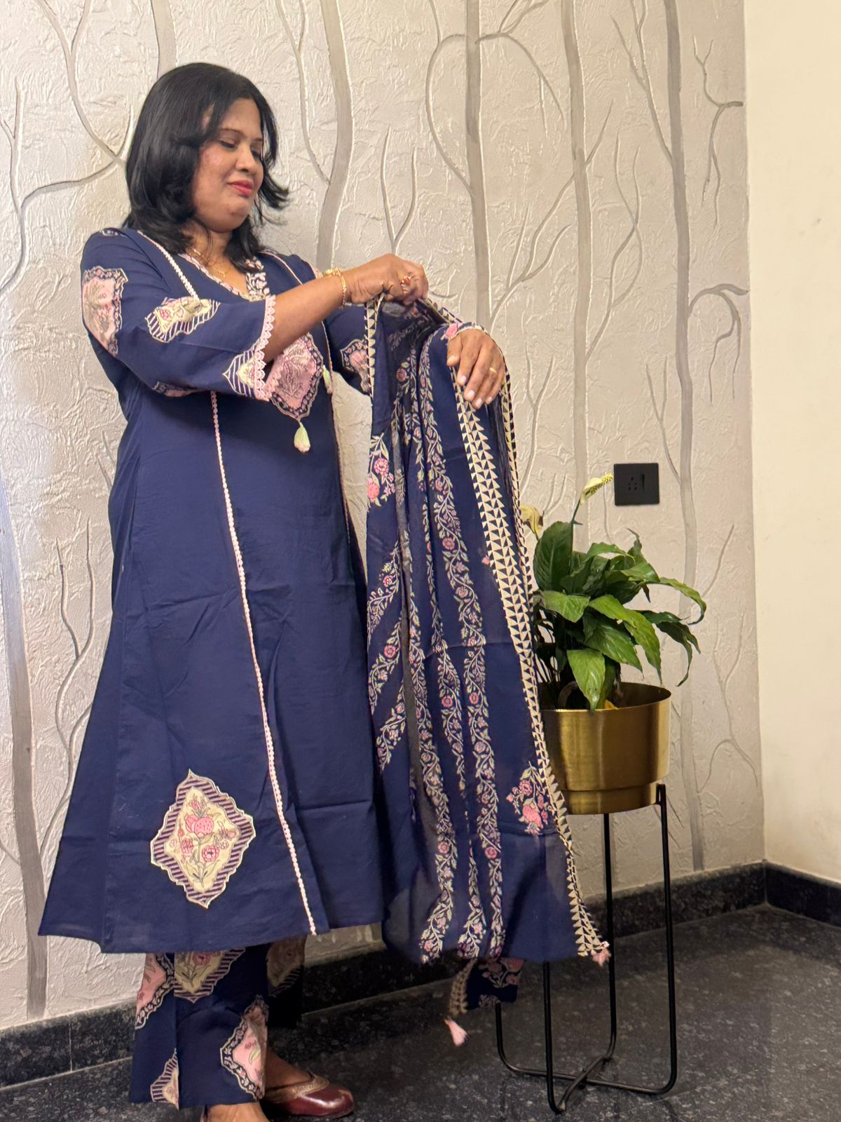 Elegant Blue Floral Printed Cotton Kurta Set with Dupatta