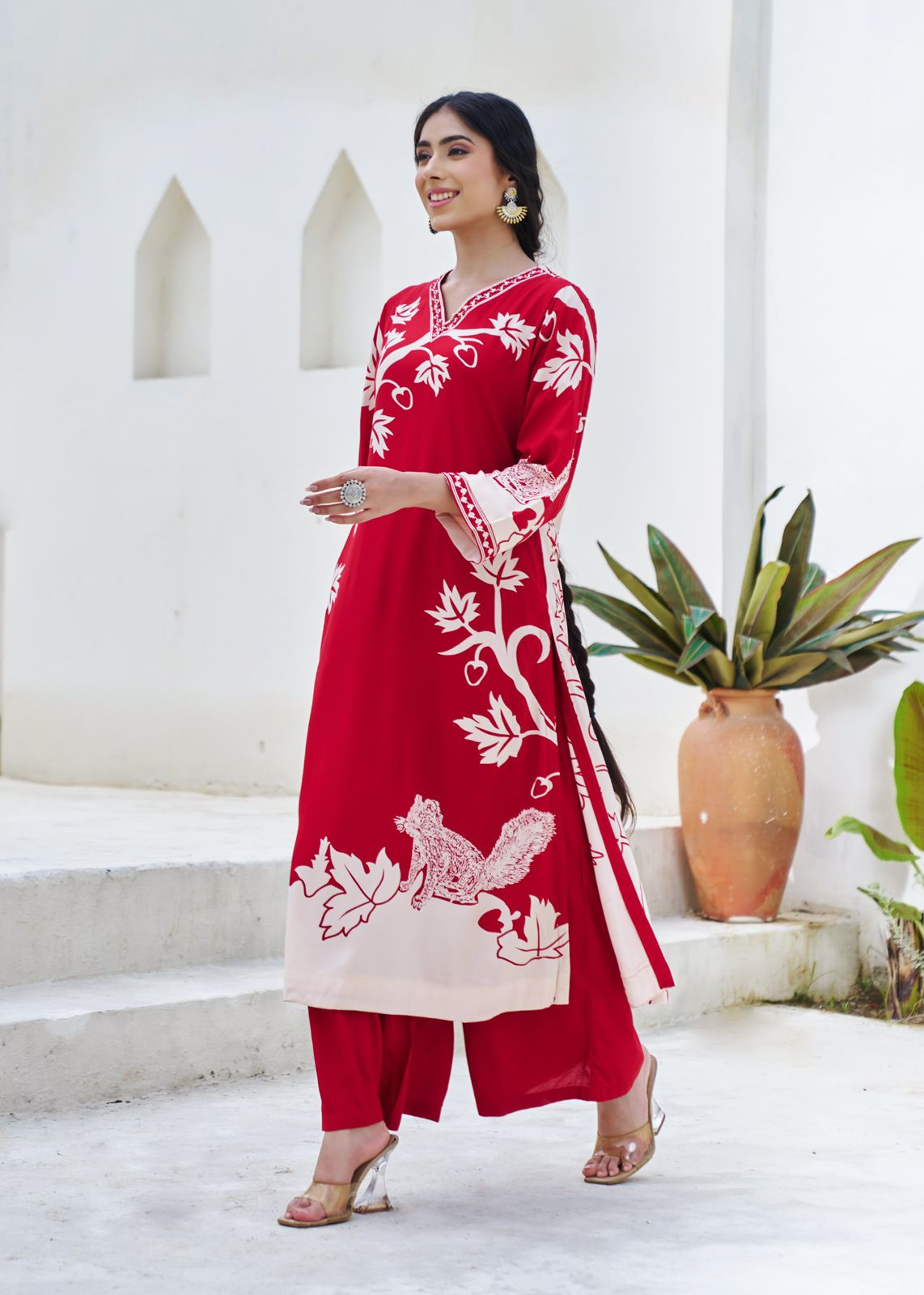 German Rayon red and white palazo set