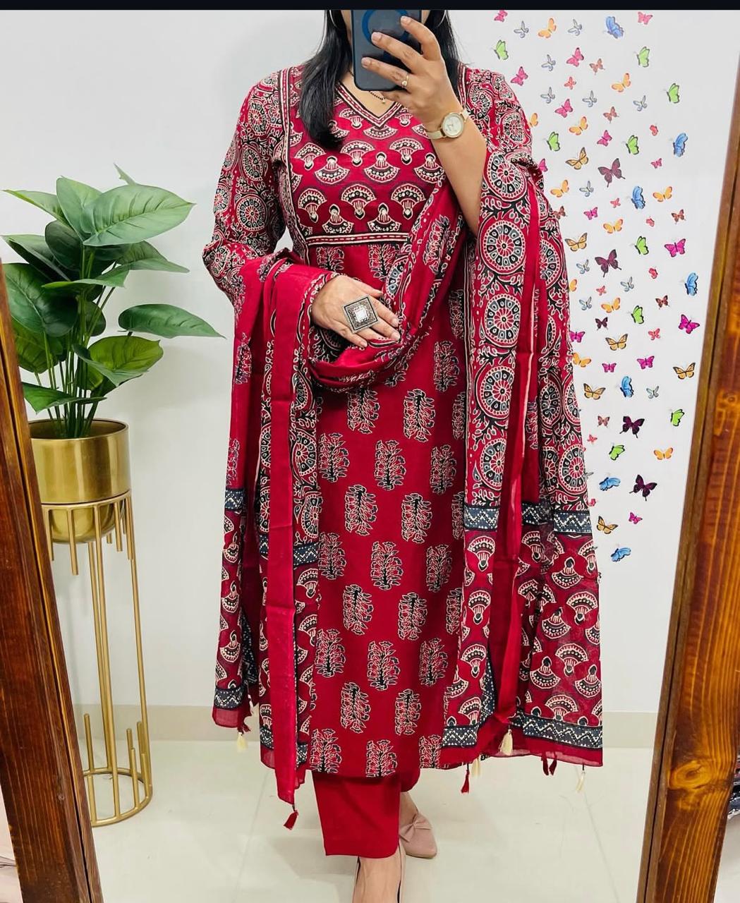 Elegant Red ajrakh Embroidered Suit Set with Dupatta