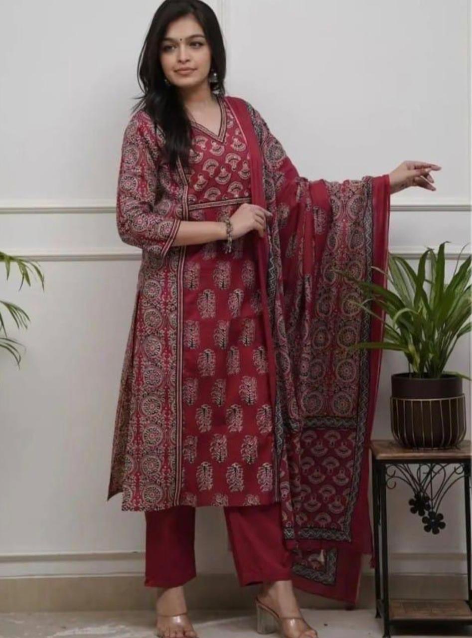 Elegant Red ajrakh Embroidered Suit Set with Dupatta