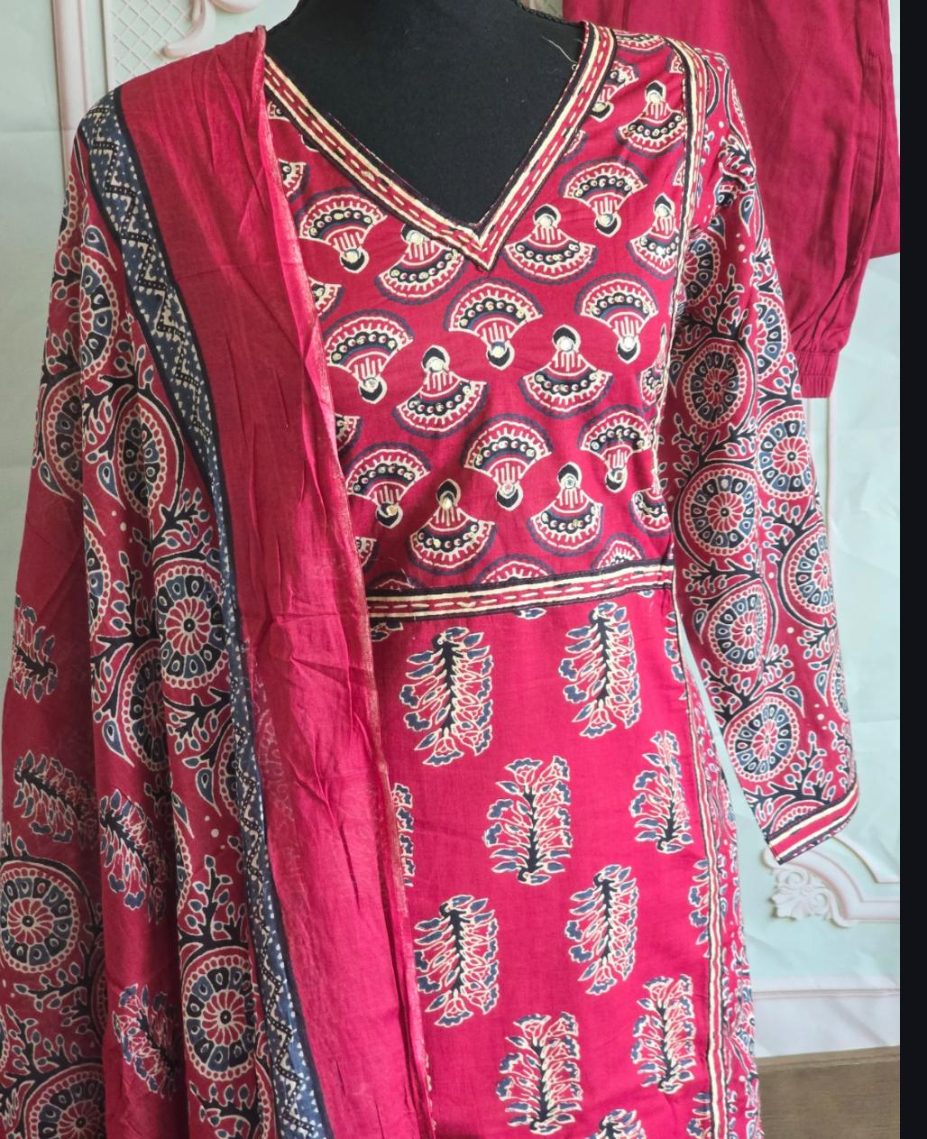 Elegant Red ajrakh Embroidered Suit Set with Dupatta