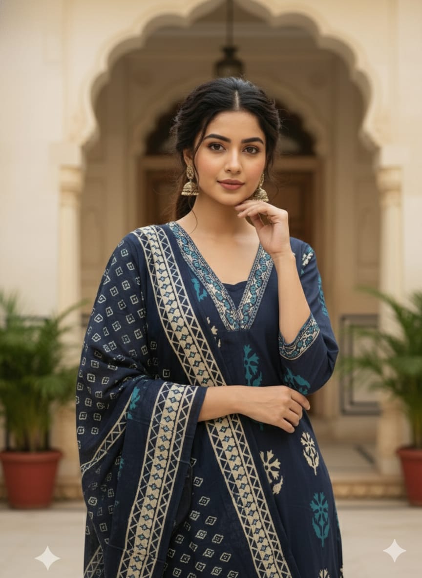 INDIGO BLUE COTTON THREE PIECE SUIT SET.