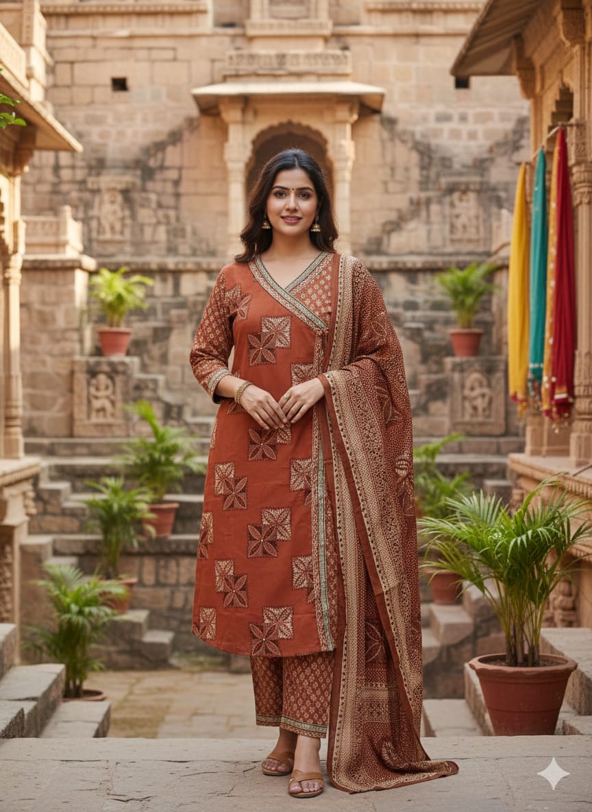 Brown Angraka Style Kurta, Pant Dupatta Set