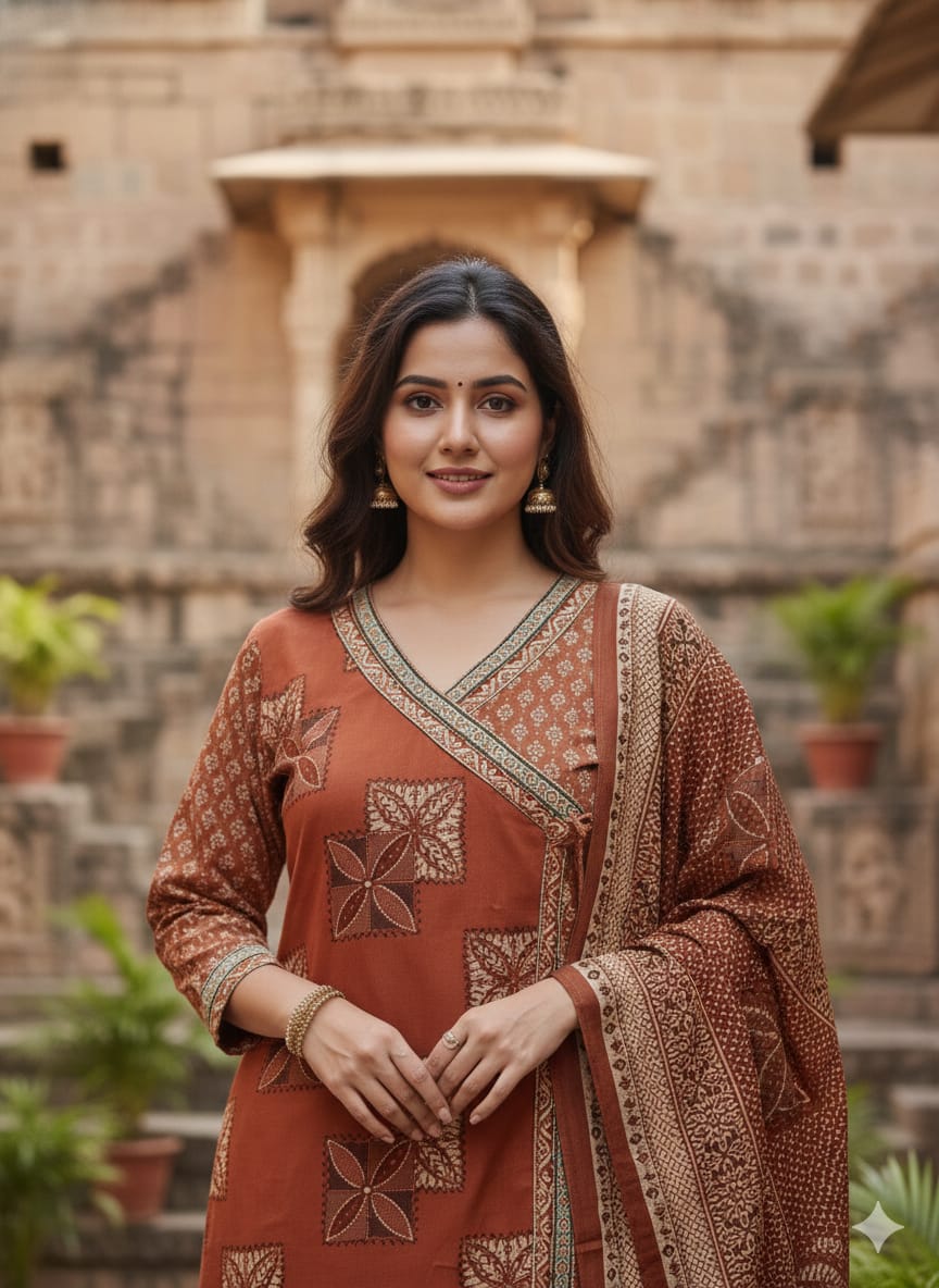 Brown Angraka Style Kurta, Pant Dupatta Set