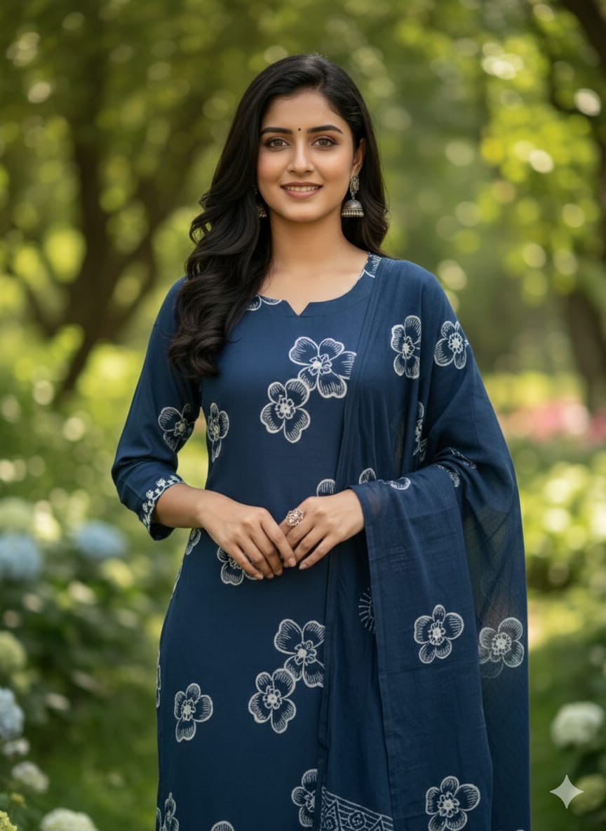 Royal Blue Floral Embroidary Salwar Kameez with Elegant Dupatta.