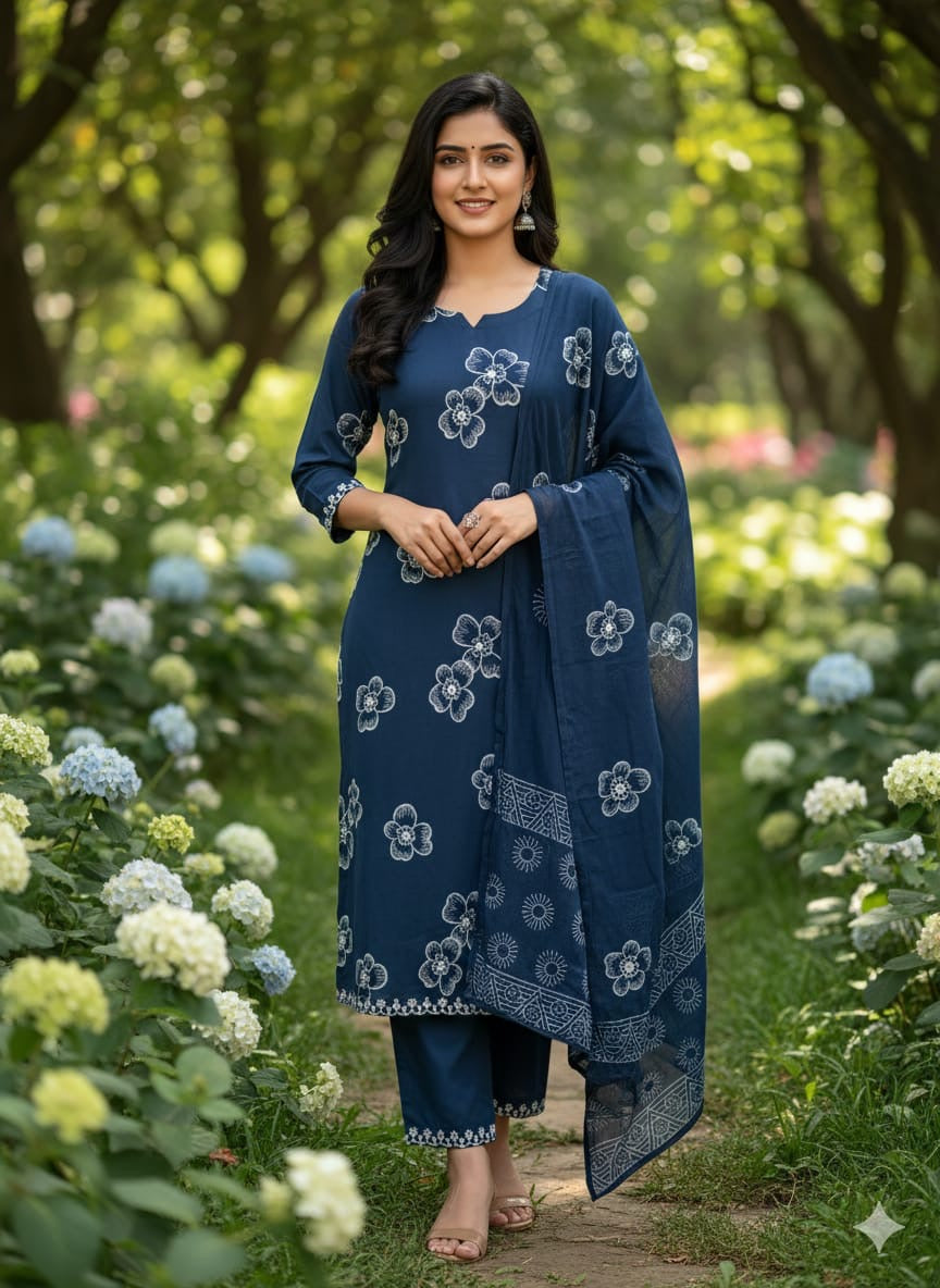 Royal Blue Floral Embroidary Salwar Kameez with Elegant Dupatta.