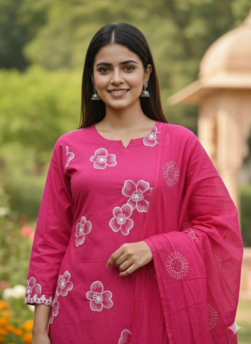 HANDBLOCK PRINTED ROSE PINK STRAIGHT KURTA PANT DUPATTA SET.