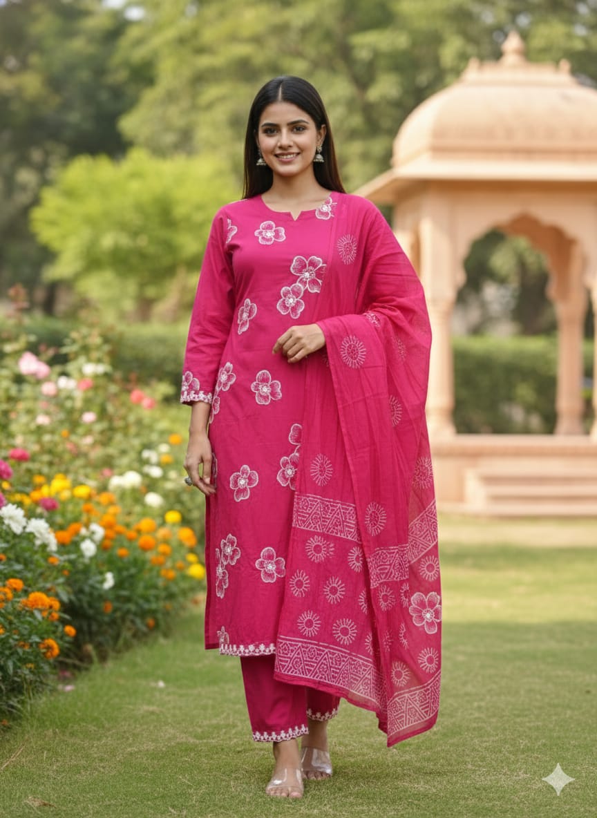 HANDBLOCK PRINTED ROSE PINK STRAIGHT KURTA PANT DUPATTA SET.